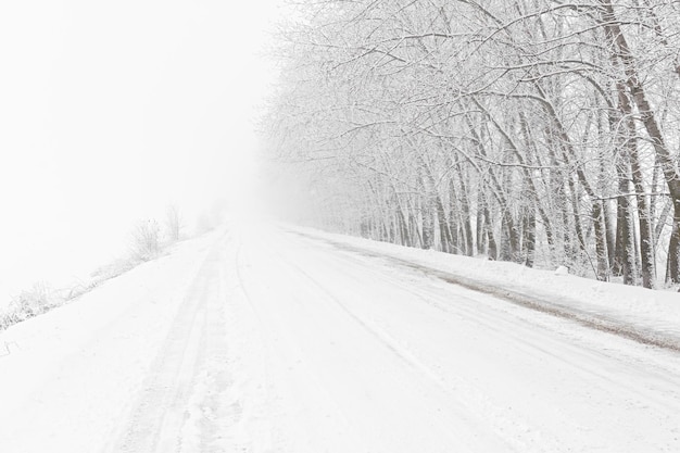 Queda de neve na estrada de inverno