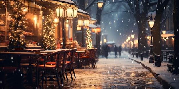 Queda de neve noturna festiva na cidade desfocada Resumo de fundo desfocado de Natal
