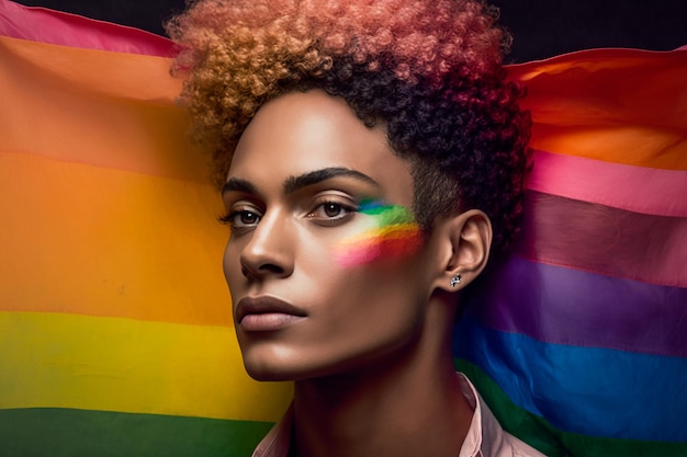 Queere Person in einem LGBT-Flaggenhintergrund Generative KI