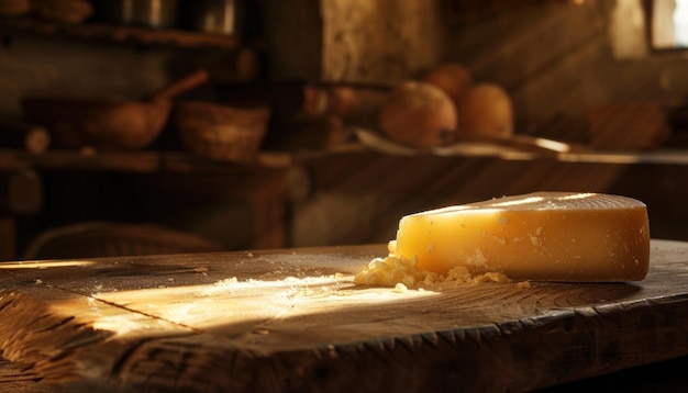 Queijo artesanal em tábua de madeira em cozinha rústica