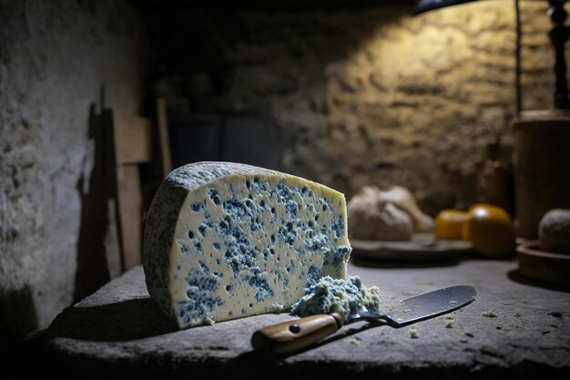 Queijo azul com mofo e faca na mesa de pedra