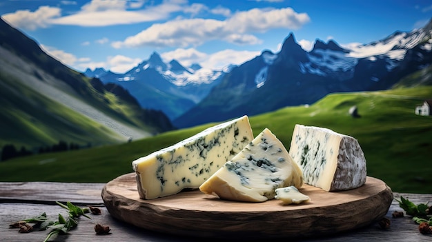 Queijo azul em tábua de madeira Produção de queijo ecológico