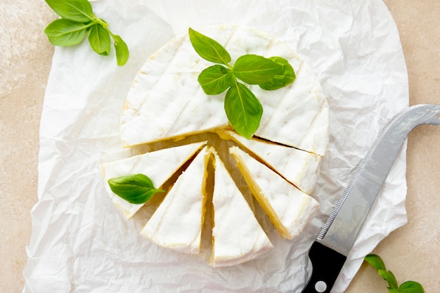 Queijo camembert com folhas de manjericão. Produto lácteo, vista superior