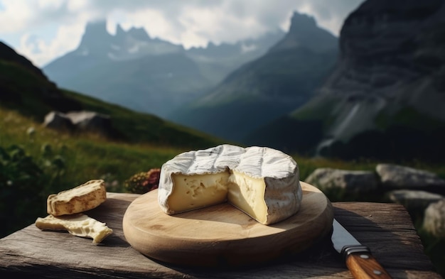 Foto queijo camembert em uma tábua de corte de madeira com montanhas ao fundo geradas por ai