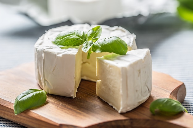 Queijo camembert ou brie com folhas de manjericão na mesa.