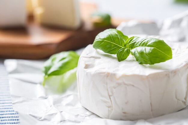 Queijo camembert ou brie com folhas de manjericão na mesa.