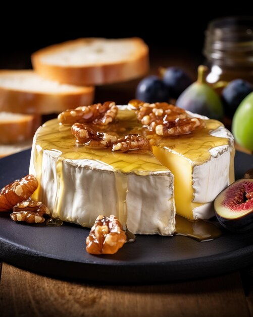 Queijo camembert, pão torrado, mel de nozes e figos frescos em prato redondo preto sobre fundo de madeira