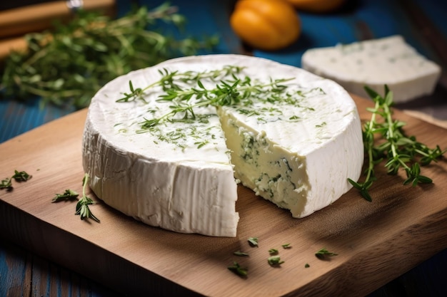 Queijo com bolor e ervas em tábuas de madeira