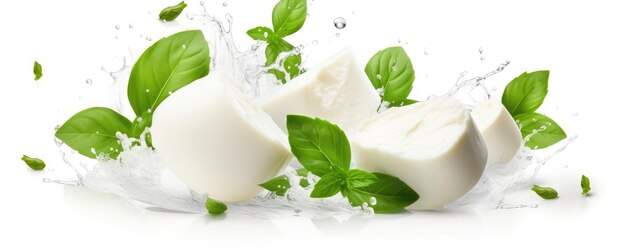 Queijo de mozzarella em queda isolado em fundo branco IA generativa