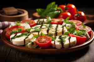 Foto queijo de mozzarella fresco com tomates e manjericão