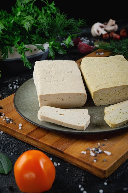 Queijo de soja tofu fatiado em uma tábua de corte com especiarias e legumes de manjericão