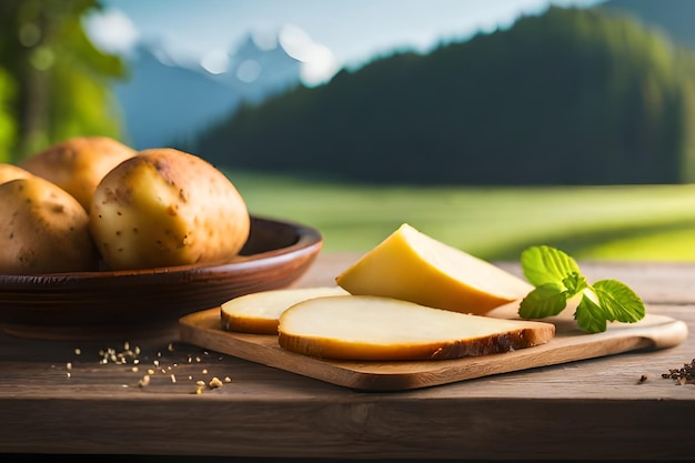 Queijo e batatas em uma mesa com uma tigela de folhas verdes ao fundo