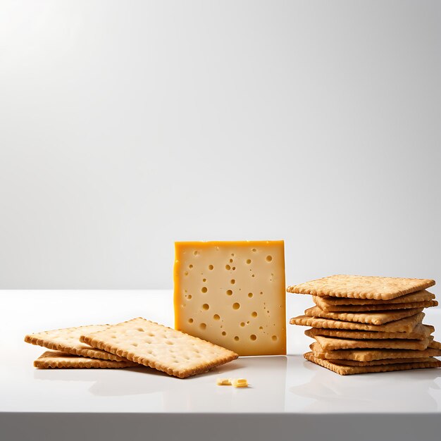 Queijo e biscoitos sobre um fundo branco