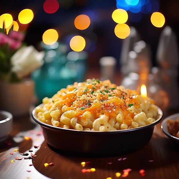 Queijo e macarrão contra um fundo de festival vibrante macarrão e queijo cremoso saboroso IA generativa