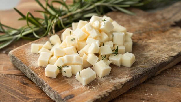 Foto queijo em cubos está em uma tábua de madeira ao lado de um galho de alegria