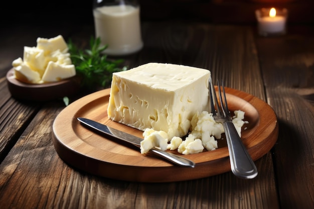 Queijo fresco e saboroso em uma mesa de madeira com um garfo