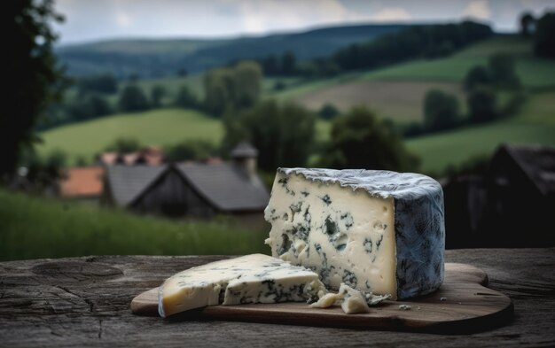 Queijo gorgonzola azul em uma tábua de corte de madeira com