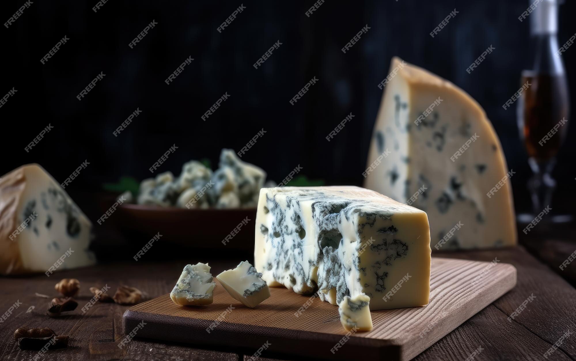 Queijo gorgonzola azul em uma tábua de corte de madeira com