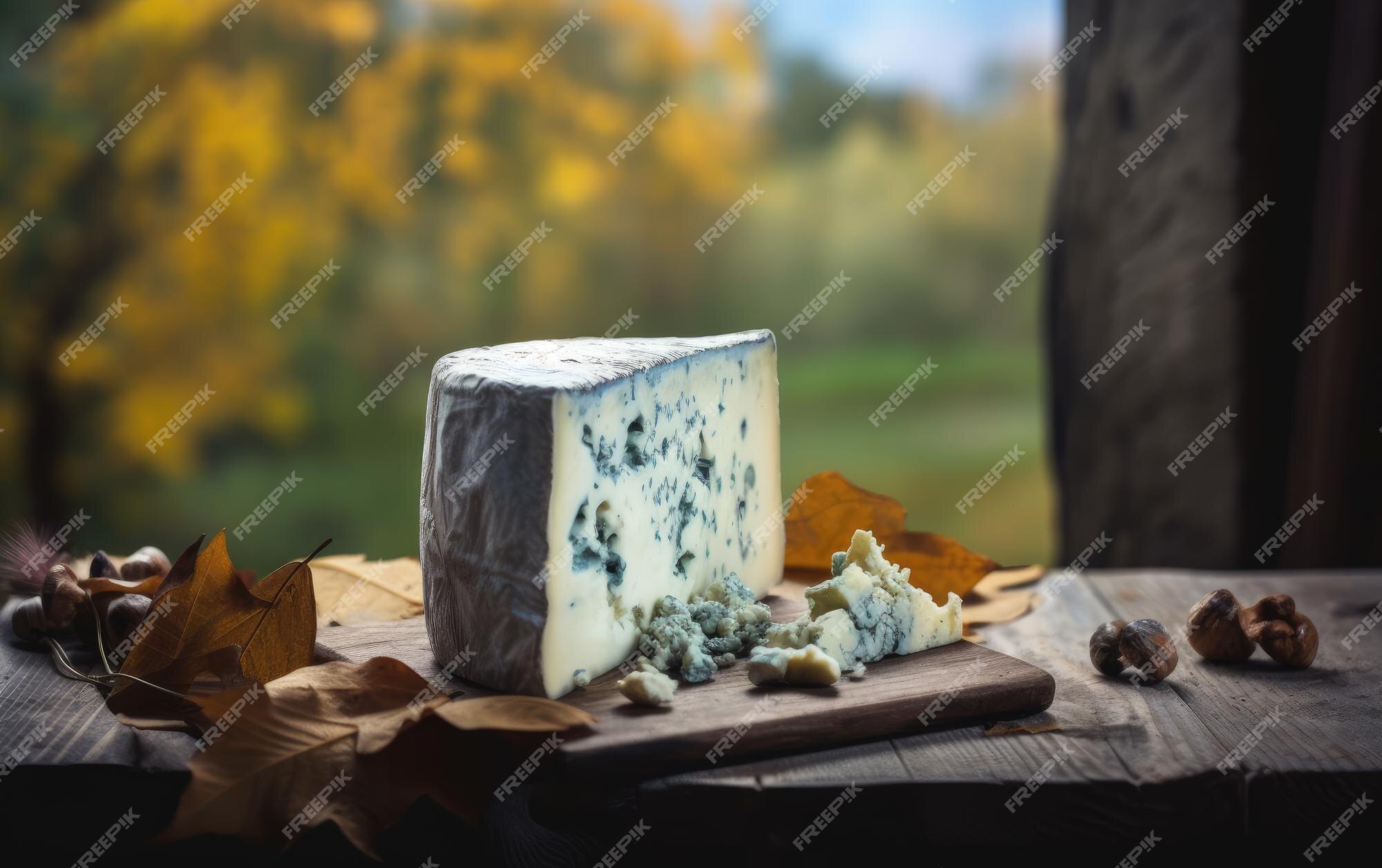 Queijo gorgonzola azul em uma tábua de corte de madeira com