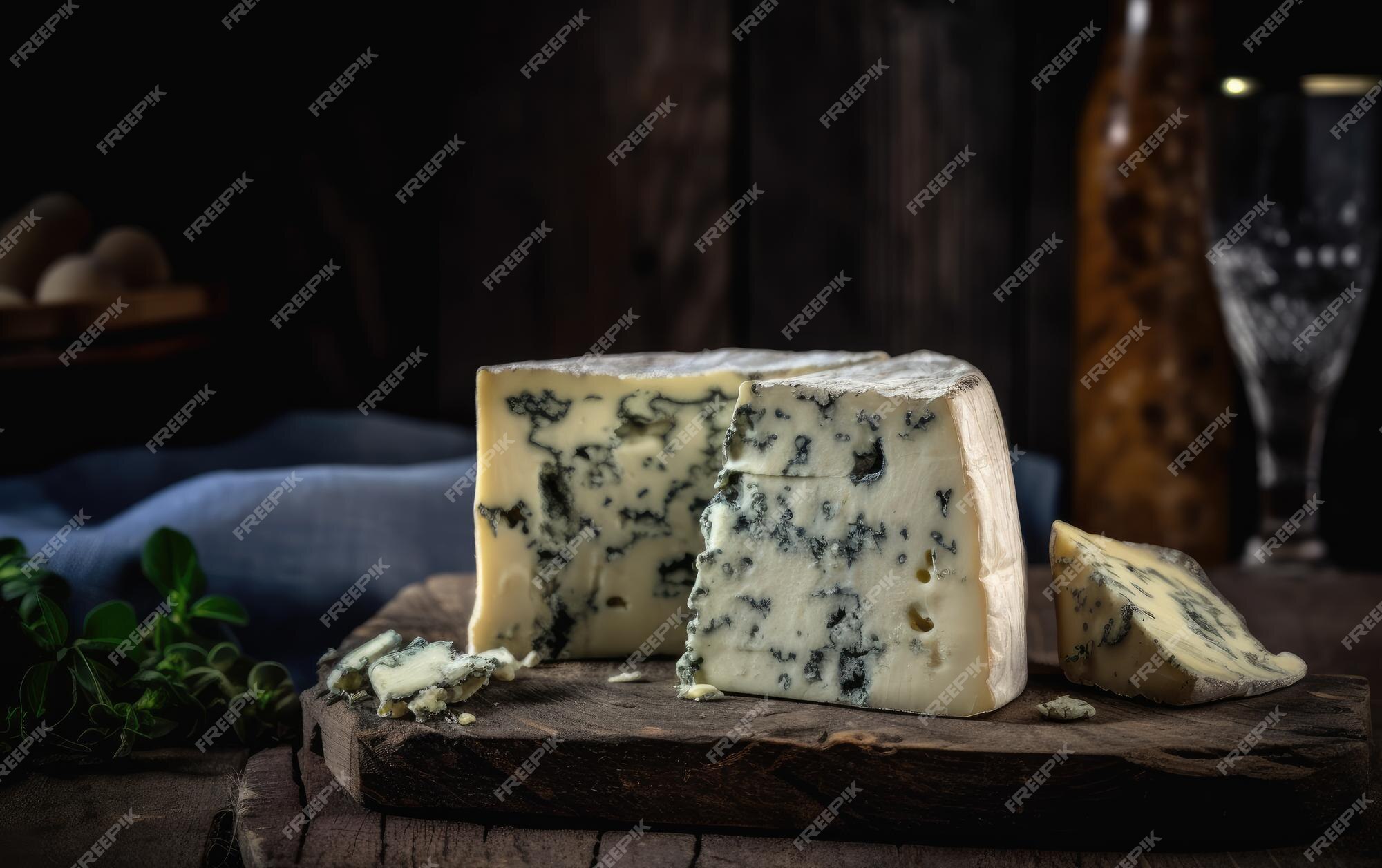 Queijo gorgonzola azul em uma tábua de corte de madeira com