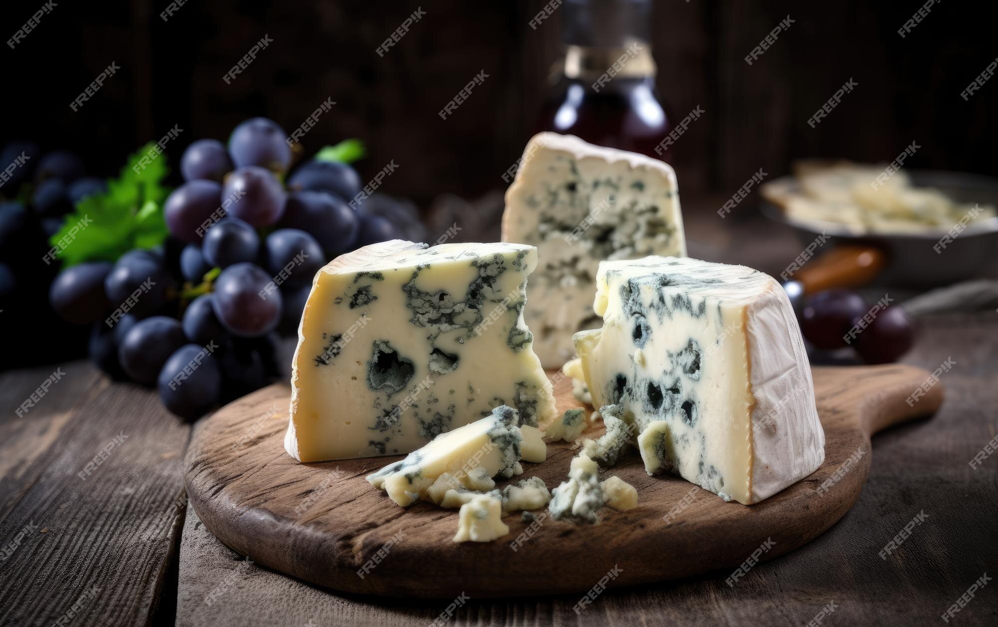 Queijo gorgonzola azul em uma tábua de corte de madeira com