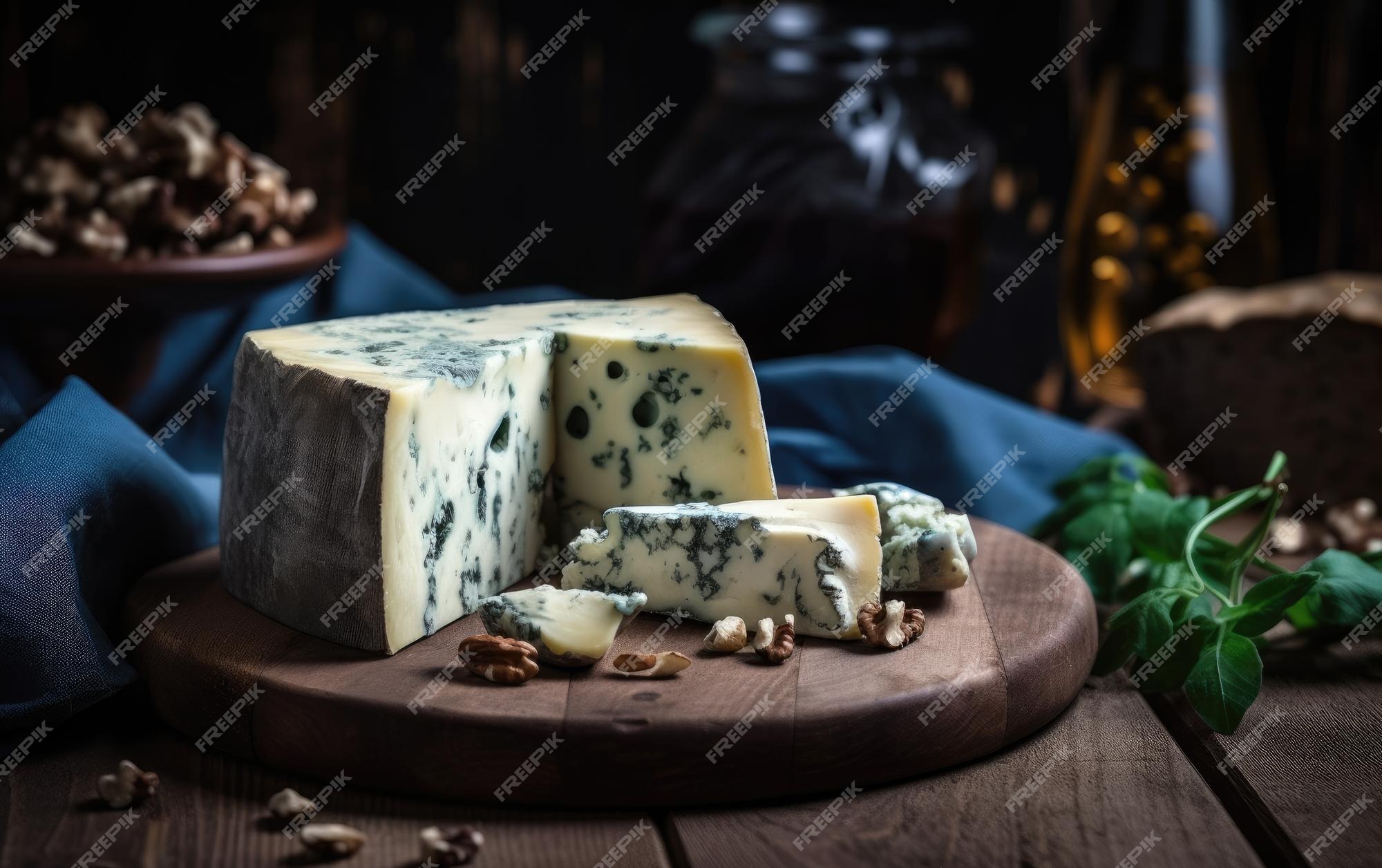 Queijo gorgonzola azul em uma tábua de corte de madeira com