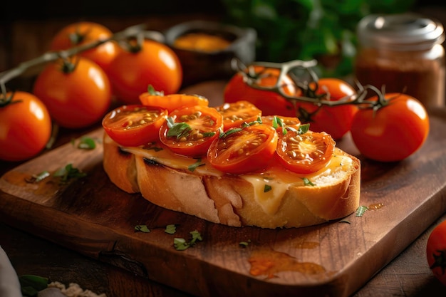 Queijo grelhado aberto coberto com tomates fatiados suculentos Generative AI