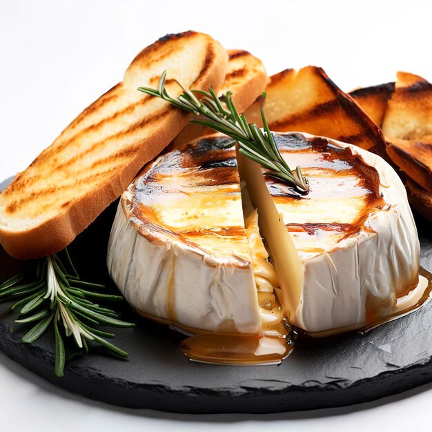 Queijo macio camembert assado brie grelhado com torradas e alecrim no fundo branco