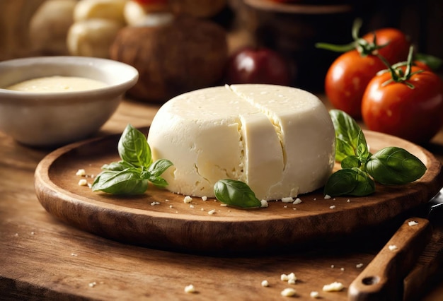 Queijo mozzarella em mesa de madeira