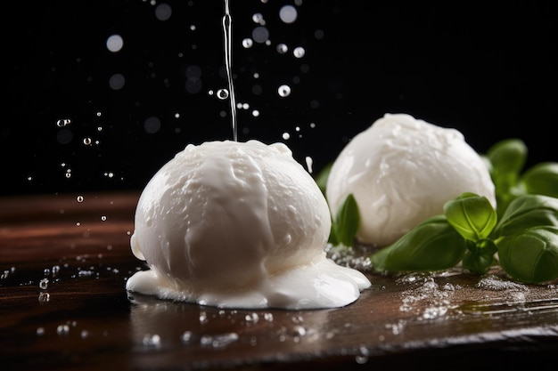 Queijo mozzarella fresco na mesa de madeira com gotas de água Generative Ai