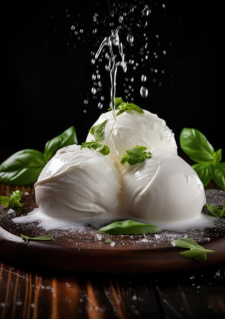 Queijo mozzarella fresco na mesa de madeira com gotas de água Generative Ai