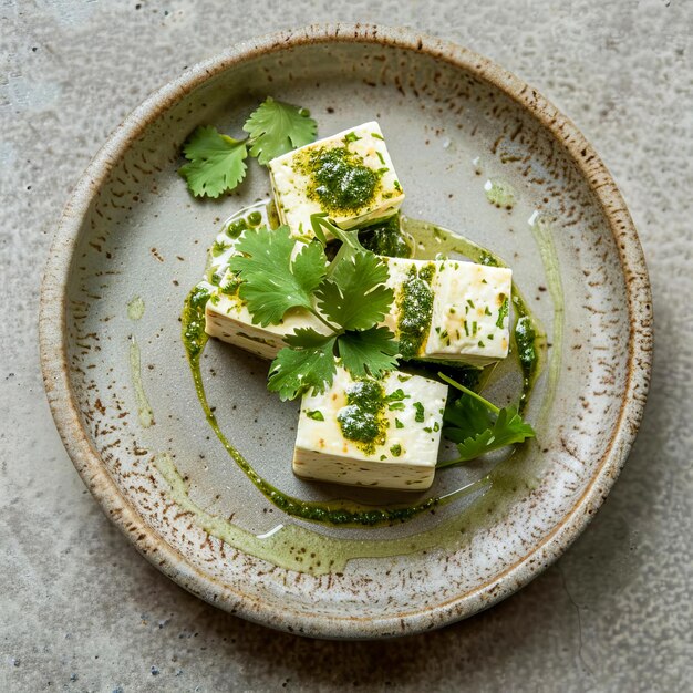 Foto queijo paneer frito indiano com cilantro e pesto