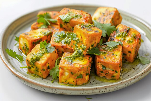 Foto queijo paneer frito tradicional indiano com cilantro e pesto gerado pela ia