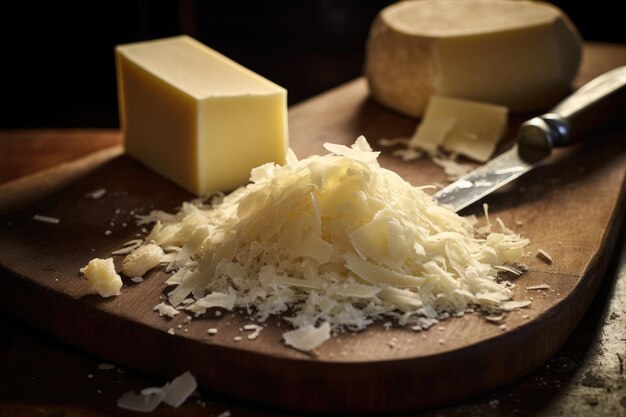 Foto queijo parmesão com faca em tábua de madeira