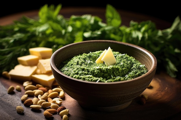 Queijo parmesão e nozes de pinheiro ao lado da tigela de pesto