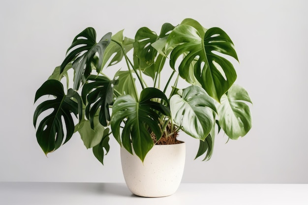 Queijo suíço Vine Monstera Adansonii em uma panela branca sobre um fundo branco IA generativa