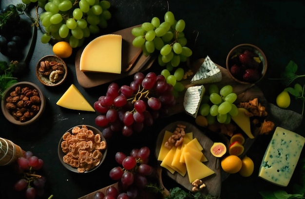 Queijos presunto frutas e uvas em um fundo escuro