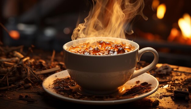 Foto queima de madeira cria uma chama brilhante que aquece o café ao ar livre, gerada por inteligência artificial