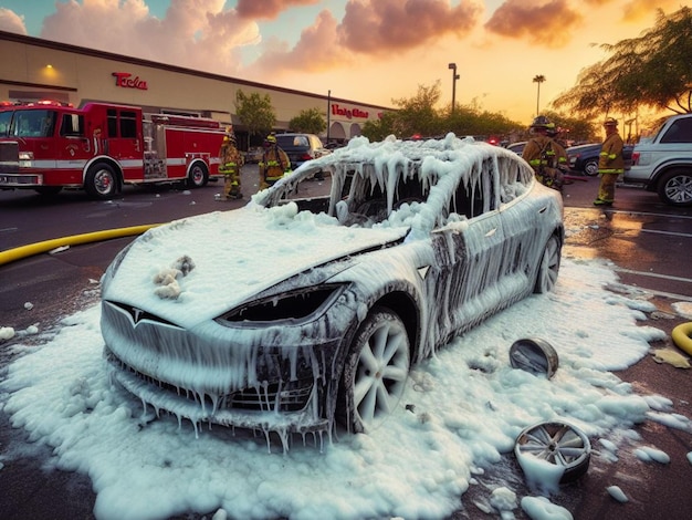 Foto queimado derretido ev falha na bateria do carro elétrico no estacionamento bombeiro usa espuma para extinguir