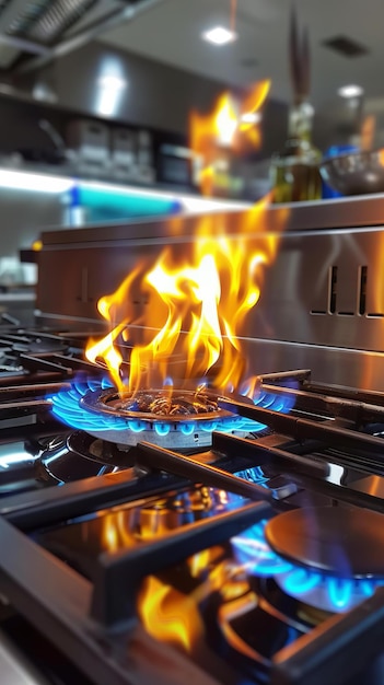 Queimador de fogão de gás com chama azul e uma panela com cozinha de comida tiro de ação de cozinha de fogo