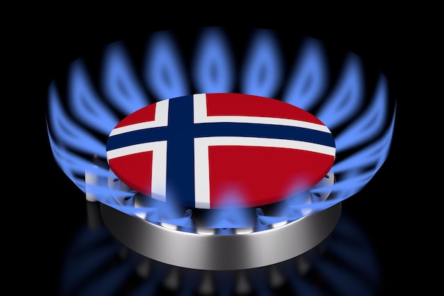 Queimador de gás com chama azul em anel de queimador de gás com bandeira da Noruega renderização em 3d