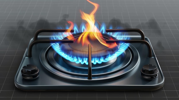 Queimador de gás de chama azul com grades de aço preto Fogão de cozinha com fogões acesos e não acesos Ilustração realista moderna da queima de propanebutano no forno