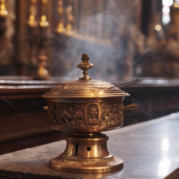 Queimador de incenso dourado sobre uma mesa em uma igreja