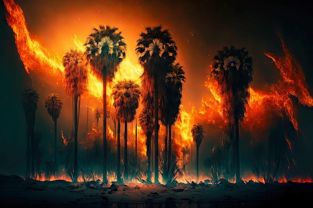 Quema de árboles y palmeras durante el desastre con incendios forestales