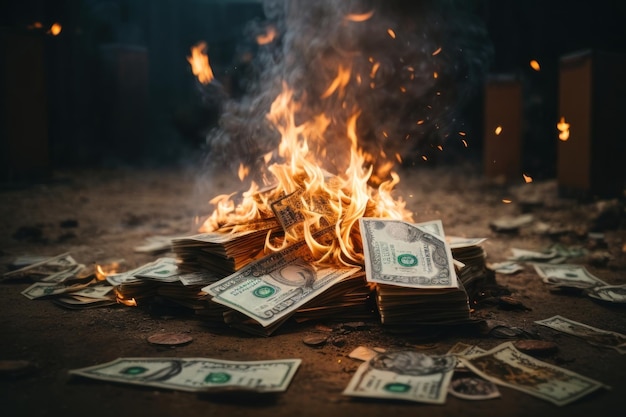 quema de billetes de dólar y dólares en el fuego
