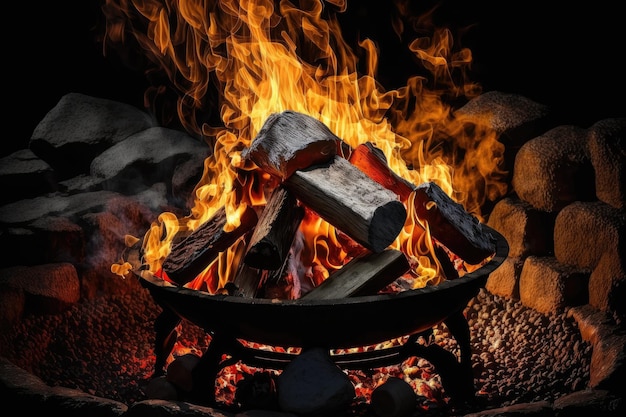 Quema de brasas y fuego encendido para asar comida en la parrilla del patio trasero