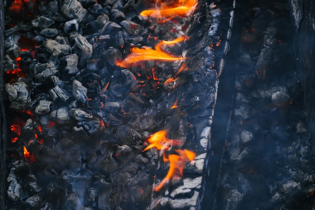 Quema de carbón en el fuego para barbacoa