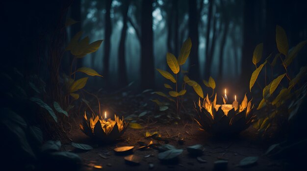 La quema de Diwali y la quema de velas en la jungla por la noche