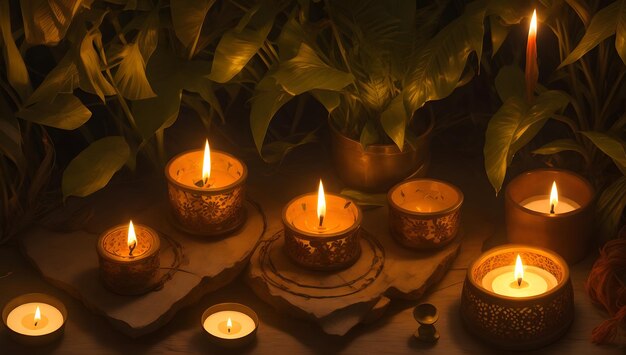 La quema de Diwali y la quema de velas en la jungla por la noche