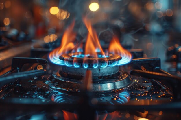 Foto quema de gas de una estufa de gas de la cocina llama de gas azul en la estufa primer plano enfoque selectivo natural